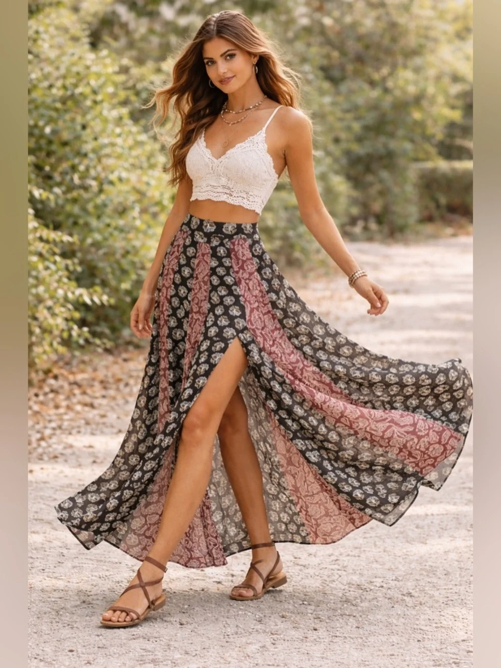 NATURAL LIFE Boho Flowy Maxi Skirt | Side Slit | Mixed Print Panel - Picture 5 of 8